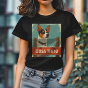 Illustration of a dog with large ears standing behind a wooden sign that reads 'Boss Here,' with a vintage artistic style.