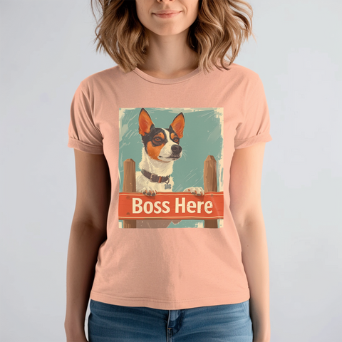 Illustration of a dog with large ears standing behind a wooden sign that reads 'Boss Here,' with a vintage artistic style.