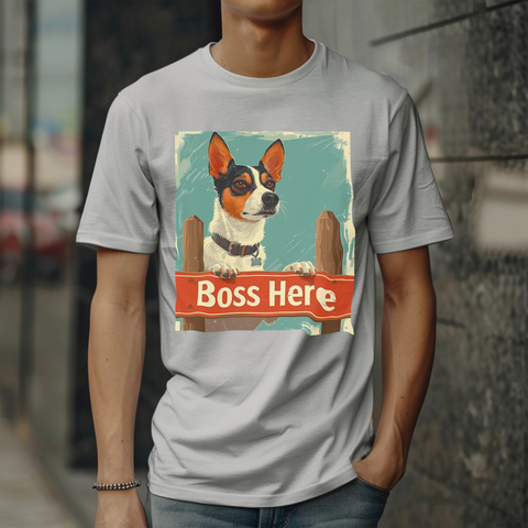 Illustration of a dog with large ears standing behind a wooden sign that reads 'Boss Here,' with a vintage artistic style.