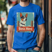 Illustration of a dog with large ears standing behind a wooden sign that reads 'Boss Here,' with a vintage artistic style.