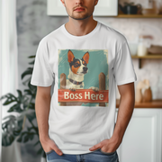 Illustration of a dog with large ears standing behind a wooden sign that reads 'Boss Here,' with a vintage artistic style.