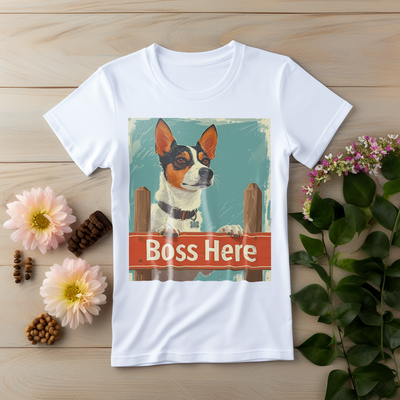 Illustration of a dog with large ears standing behind a wooden sign that reads 'Boss Here,' with a vintage artistic style.