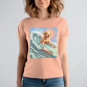 Illustration of a dog surfing on a wave with bright colors and a playful summer theme.