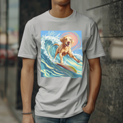 Illustration of a dog surfing on a wave with bright colors and a playful summer theme.