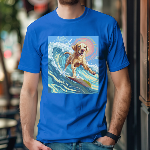 Illustration of a dog surfing on a wave with bright colors and a playful summer theme.