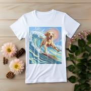 Illustration of a dog surfing on a wave with bright colors and a playful summer theme.