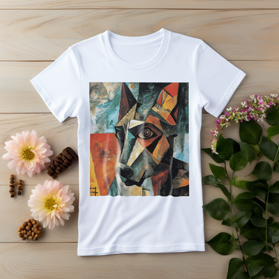 Cubist-style illustration of a dog with angular, fragmented shapes and bold, abstract colors.