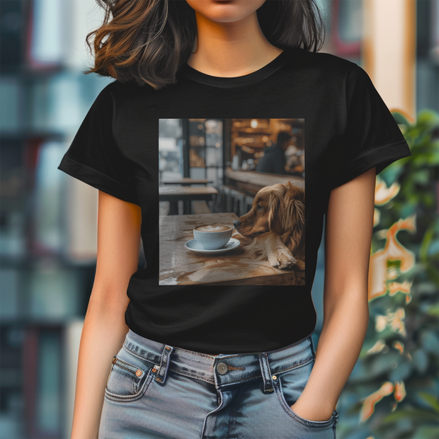 A dog resting its head on a cafe table, staring at a cup of coffee in a cozy, soft-lit cafe setting.