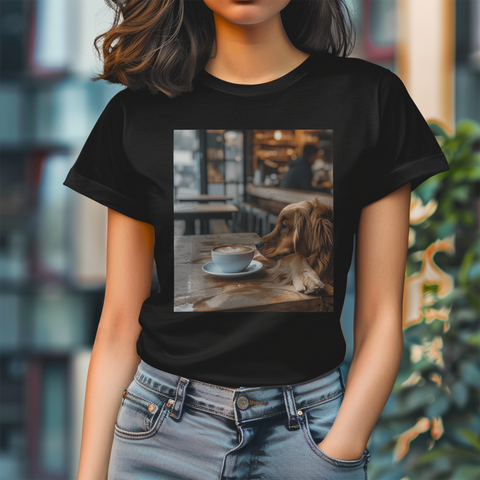 A dog resting its head on a cafe table, staring at a cup of coffee in a cozy, soft-lit cafe setting.