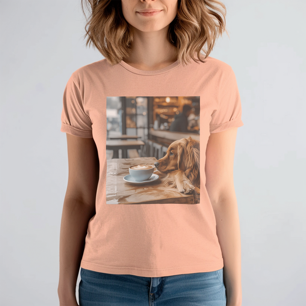 A dog resting its head on a cafe table, staring at a cup of coffee in a cozy, soft-lit cafe setting.