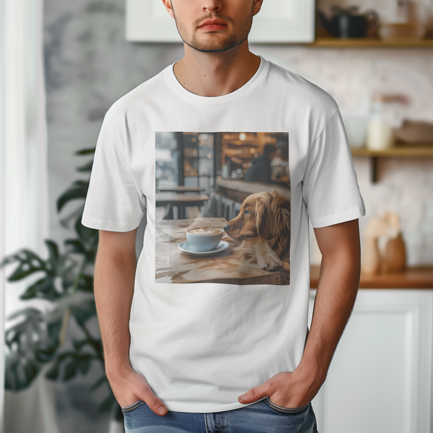 A dog resting its head on a cafe table, staring at a cup of coffee in a cozy, soft-lit cafe setting.