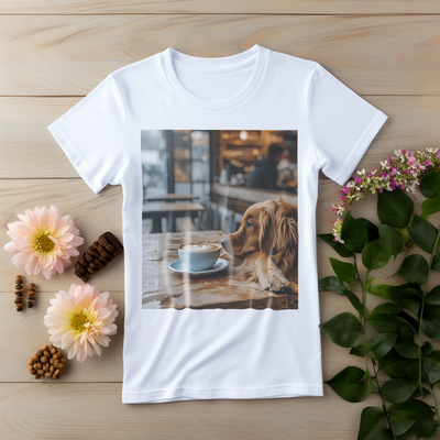 A dog resting its head on a cafe table, staring at a cup of coffee in a cozy, soft-lit cafe setting.