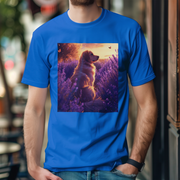 A dog sitting in a lavender field at sunset, with a soft, golden glow illuminating the peaceful scene.