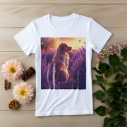 A dog sitting in a lavender field at sunset, with a soft, golden glow illuminating the peaceful scene.