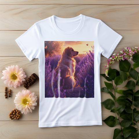 A dog sitting in a lavender field at sunset, with a soft, golden glow illuminating the peaceful scene.