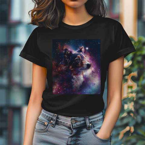 A dog surrounded by a cosmic nebula, gazing into space with galaxies and stars in the background.