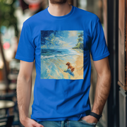 A small dog running through the waves on a sunny beach, with palm trees and bright blue skies.