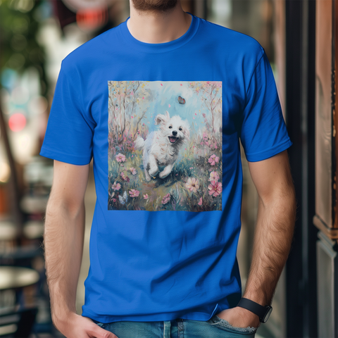 A small, white dog joyfully running through a colorful field of flowers, with a butterfly flying overhead.