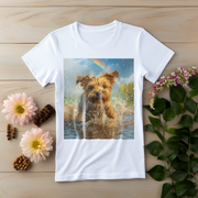 A small dog happily splashing in water with droplets around, and a bright rainbow in the background.