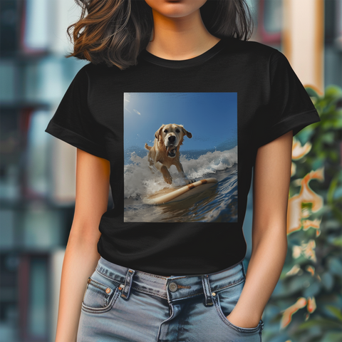 A golden retriever surfing on a wave, riding a surfboard in an action-packed beach scene.