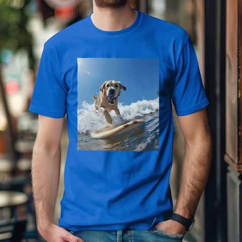 A golden retriever surfing on a wave, riding a surfboard in an action-packed beach scene.