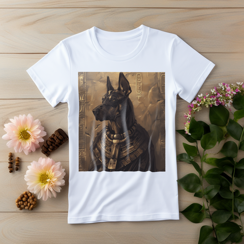 Egyptian Dog Portrait,Illustration of an Egyptian-style dog portrait with intricate jewelry and hieroglyphs in the background.