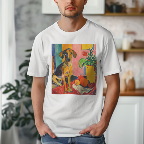 Fauvist-style painting of a dog sitting near a table with colorful, abstract shapes and vibrant tones.