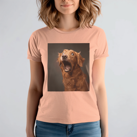 A funny golden retriever with a surprised, wide-eyed expression, showing a mix of humor and confusion.