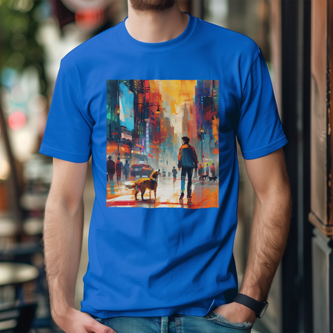 A man and a dog walking through a colorful cityscape with abstract, bright buildings and a warm atmosphere.