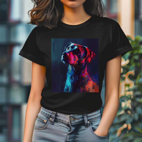 A colorful neon portrait of a dog with glowing, abstract accents and bright hues of blue, pink, and purple.