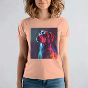 A colorful neon portrait of a dog with glowing, abstract accents and bright hues of blue, pink, and purple.