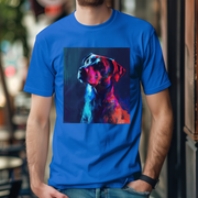 A colorful neon portrait of a dog with glowing, abstract accents and bright hues of blue, pink, and purple.